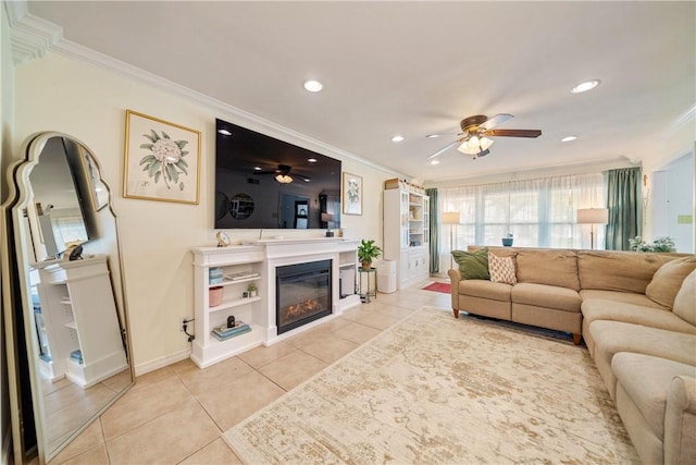living room featuring recessed lighting, light tile patterned floors, ceiling fan, and crown molding