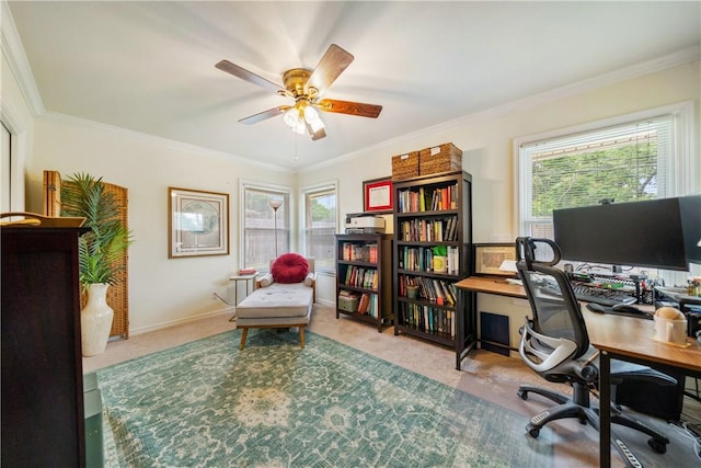 office space with a healthy amount of sunlight, a ceiling fan, and carpet flooring