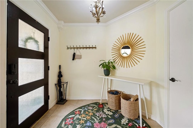 foyer featuring light tile patterned floors, crown molding, and baseboards