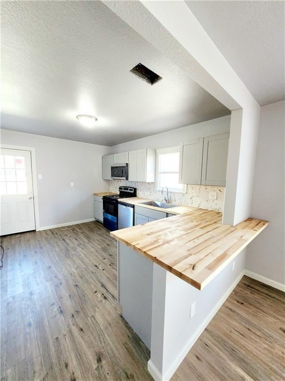 kitchen with kitchen peninsula, wood counters, white cabinetry, range with electric cooktop, and sink