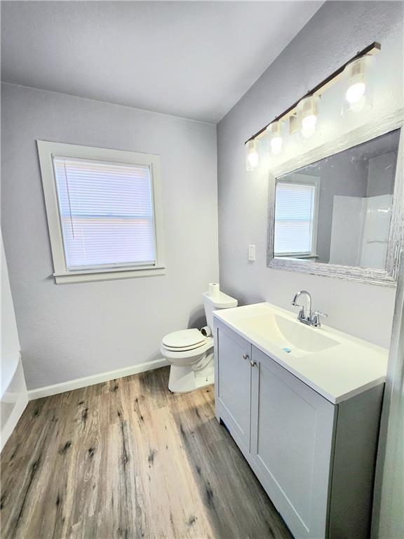 bathroom with toilet, wood-type flooring, and vanity