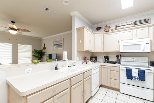 kitchen featuring kitchen peninsula, white appliances, light tile patterned flooring, ornamental molding, and sink