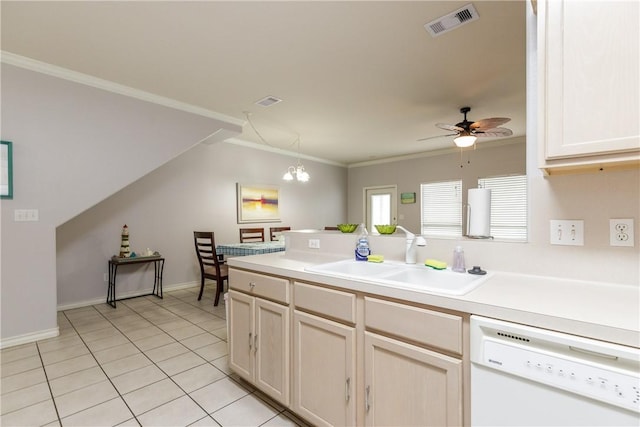 kitchen featuring light tile patterned floors, ceiling fan, white dishwasher, crown molding, and sink