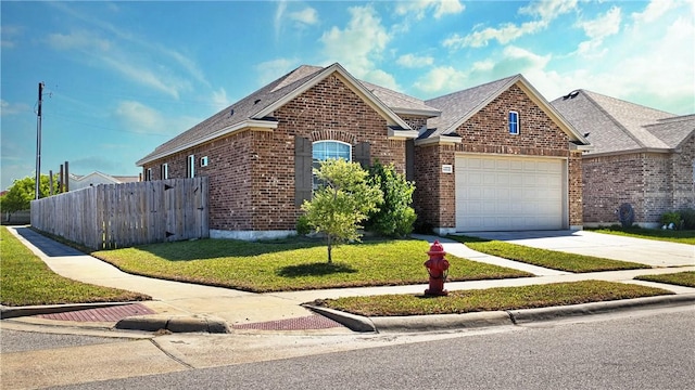 view of front of property with an attached garage, a front yard, fence, and brick siding