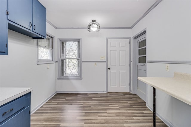 interior space with wood-type flooring, crown molding, and blue cabinetry