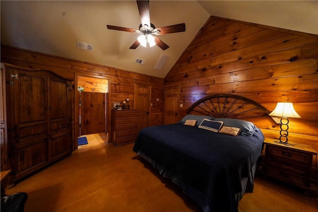 bedroom with wood walls and ceiling fan