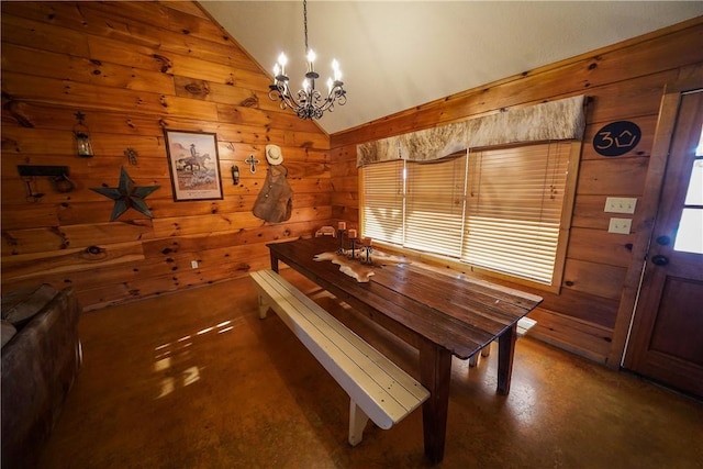 unfurnished dining area with an inviting chandelier and vaulted ceiling