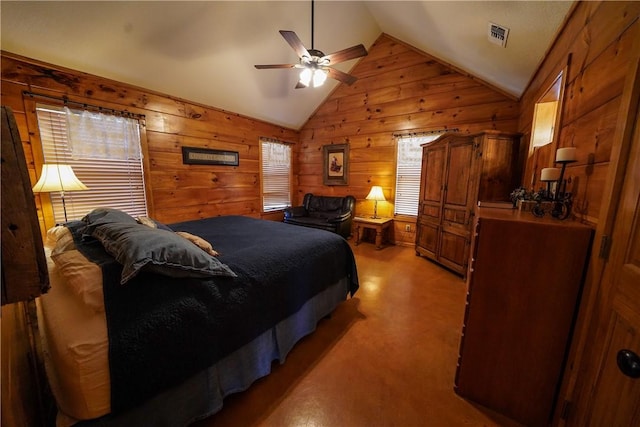 bedroom featuring ceiling fan and vaulted ceiling