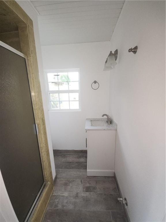 bathroom featuring vanity and a shower with shower door