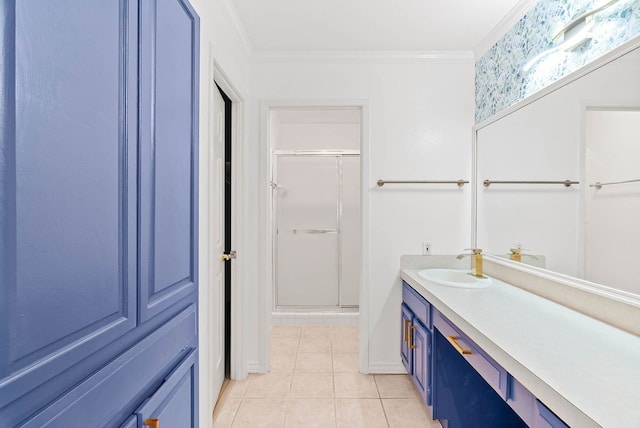 1400 Ocean Dr Unit 904-B, Corpus Christi, TX 78404 - full bathroom with vanity, a shower stall, crown molding, and tile patterned flooring