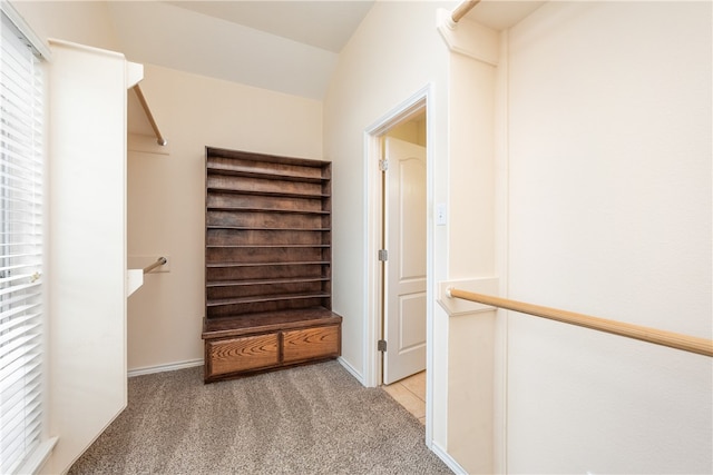 walk in closet featuring light colored carpet