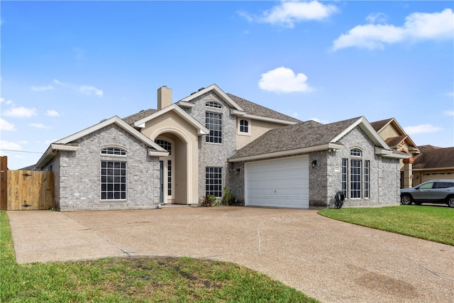 view of front of home with a garage and a front lawn