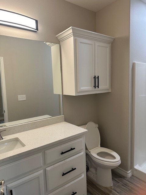 bathroom with wood-type flooring, vanity, and toilet