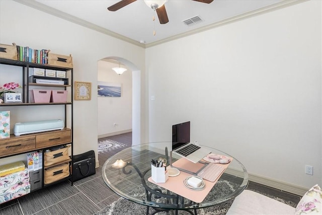 1805 Bay Landing Dr, Portland, TX 78374 - office with arched walkways, a ceiling fan, and crown molding