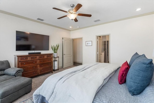 1805 Bay Landing Dr, Portland, TX 78374 - bedroom featuring carpet flooring, ornamental molding, ceiling fan, and recessed lighting
