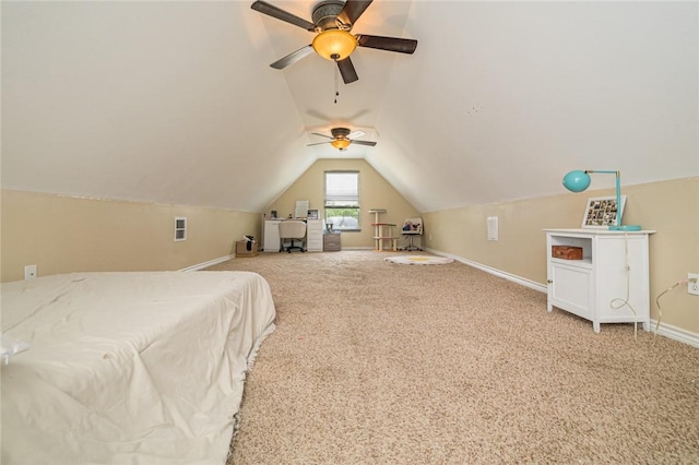 123 Bishop Rd, Rockport, TX 78382 - bedroom with lofted ceiling, baseboards, carpet floors, and ceiling fan