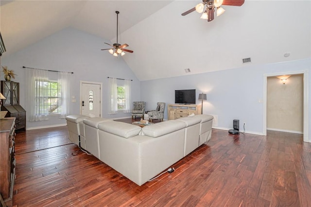 123 Bishop Rd, Rockport, TX 78382 - living room featuring a ceiling fan, dark wood-style flooring, high vaulted ceiling, and baseboards