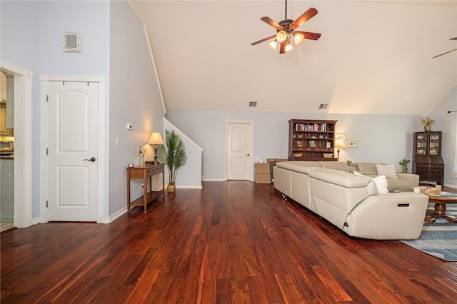 123 Bishop Rd, Rockport, TX 78382 - living room with ceiling fan, high vaulted ceiling, wood finished floors, and baseboards