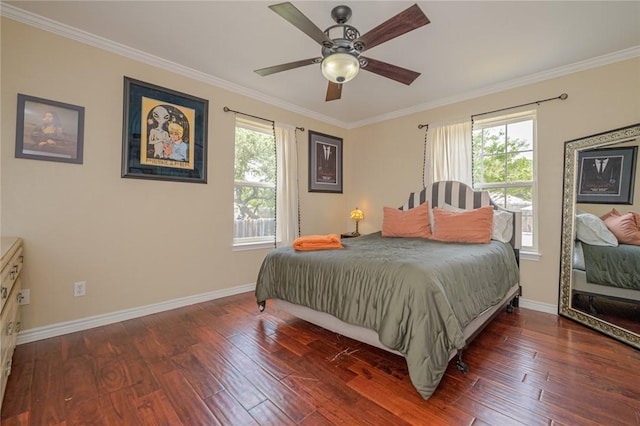 123 Bishop Rd, Rockport, TX 78382 - bedroom featuring baseboards, crown molding, wood-type flooring, and ceiling fan