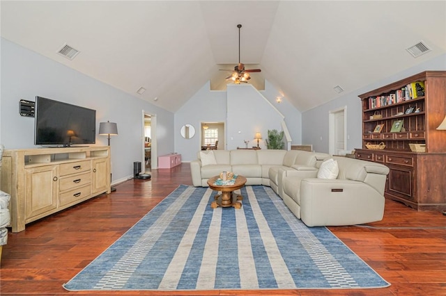 123 Bishop Rd, Rockport, TX 78382 - living room featuring dark wood finished floors, vaulted ceiling, and ceiling fan