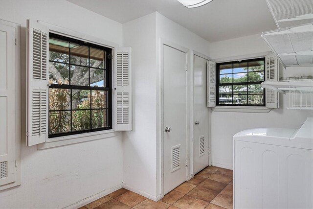 washroom featuring washer / dryer, laundry area, visible vents, and baseboards