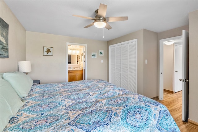 bedroom with light hardwood / wood-style floors, ceiling fan, and a closet