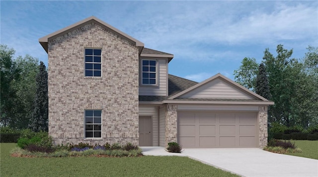 traditional home with an attached garage, a shingled roof, driveway, and a front yard