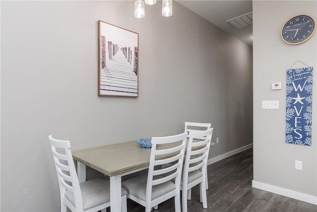 dining area with visible vents, dark wood finished floors, and baseboards