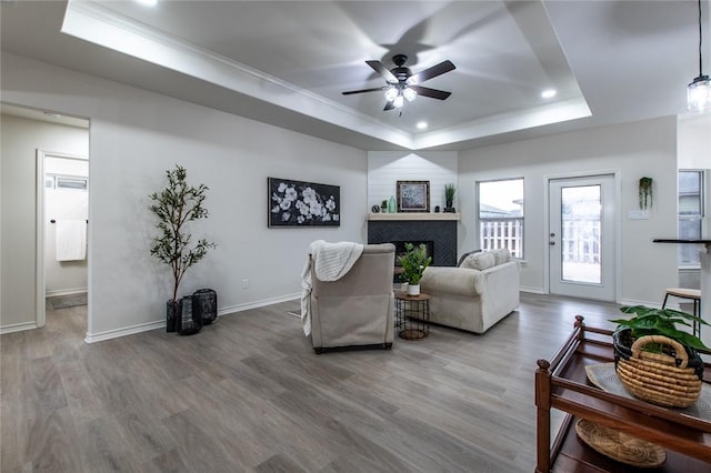 living room with crown molding, wood-type flooring, a raised ceiling, and ceiling fan