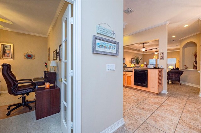 interior space with recessed lighting, visible vents, ornamental molding, light tile patterned flooring, and baseboards