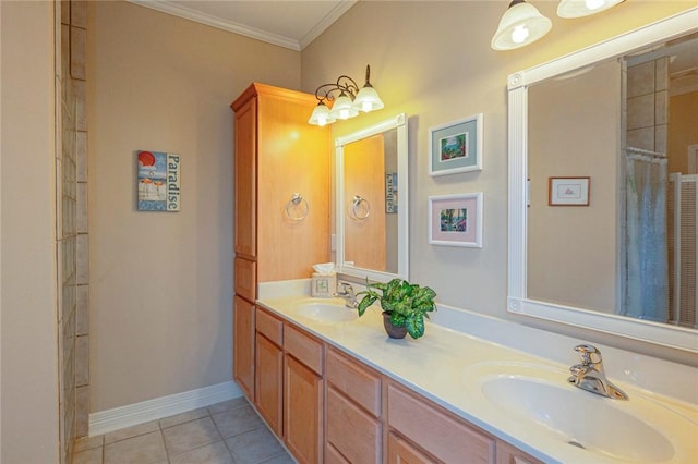 bathroom featuring double vanity, ornamental molding, a sink, and tile patterned floors