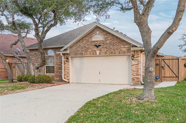 view of front of home with concrete driveway, roof with shingles, an attached garage, a gate, and brick siding