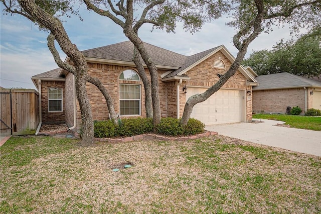 single story home with an attached garage, brick siding, a shingled roof, fence, and concrete driveway