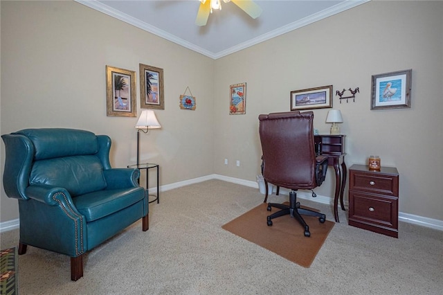 office area featuring a ceiling fan, baseboards, ornamental molding, and carpet flooring