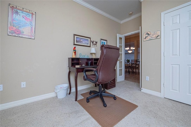 office featuring ornamental molding, carpet, an inviting chandelier, and baseboards