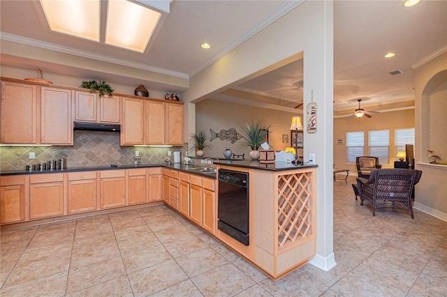 kitchen with decorative backsplash, dishwasher, dark countertops, crown molding, and under cabinet range hood