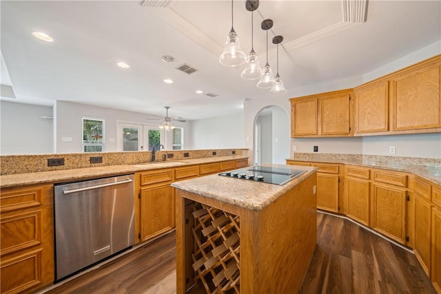 2602 Windhollow Dr, Corpus Christi, TX 78414 - kitchen with stainless steel dishwasher, black electric cooktop, arched walkways, dark wood-style flooring, and a raised ceiling