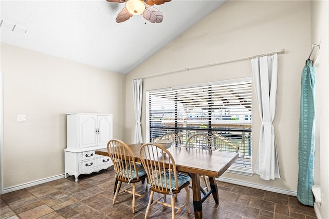 13853 Topsail St, Corpus Christi, TX 78418 - dining area with stone finish flooring, ceiling fan, and lofted ceiling