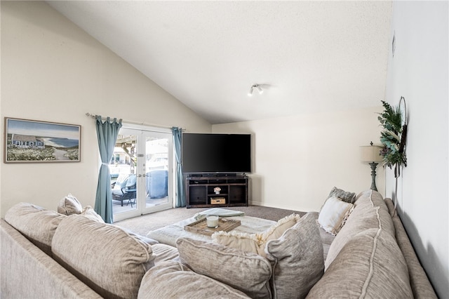 13853 Topsail St, Corpus Christi, TX 78418 - living room featuring carpet, french doors, and high vaulted ceiling