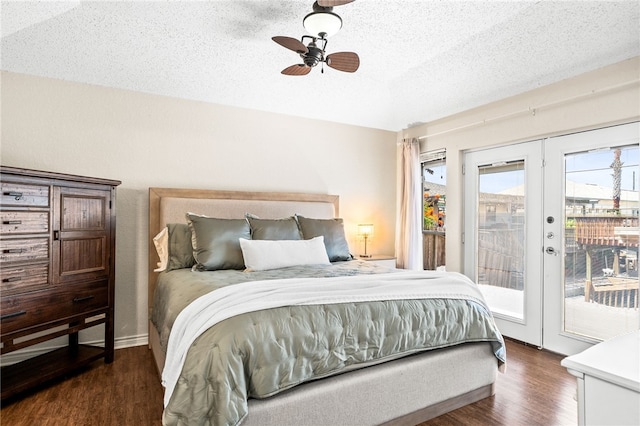 13853 Topsail St, Corpus Christi, TX 78418 - bedroom with dark wood-style flooring, access to outside, a textured ceiling, french doors, and ceiling fan