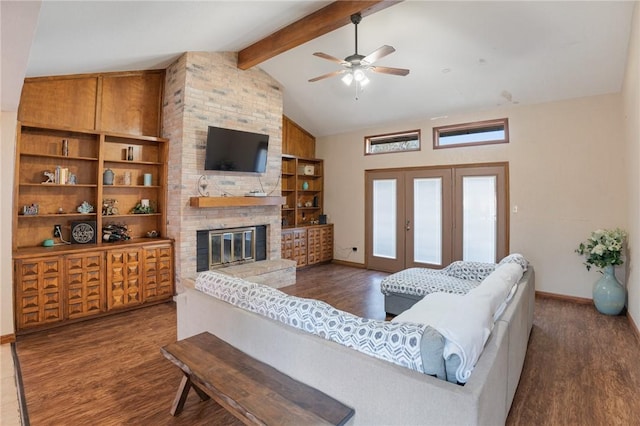 living room featuring a brick fireplace, dark wood-type flooring, and beam ceiling