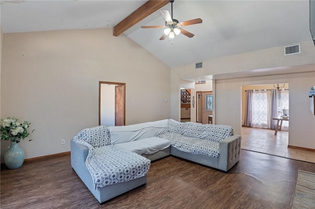 living room featuring beamed ceiling, ceiling fan, dark hardwood / wood-style floors, and high vaulted ceiling