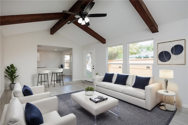 living room featuring lofted ceiling with beams, light hardwood / wood-style floors, and ceiling fan