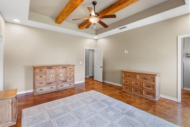 unfurnished bedroom featuring baseboards, visible vents, beamed ceiling, and recessed lighting