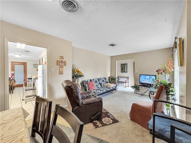 living room featuring a textured ceiling and light colored carpet