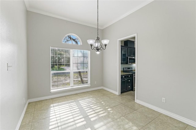 unfurnished dining area with crown molding, baseboards, a chandelier, and light tile patterned flooring