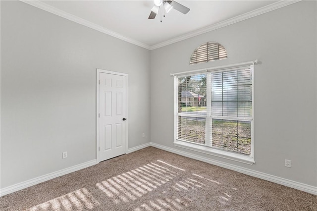 carpeted spare room featuring crown molding, baseboards, and a ceiling fan