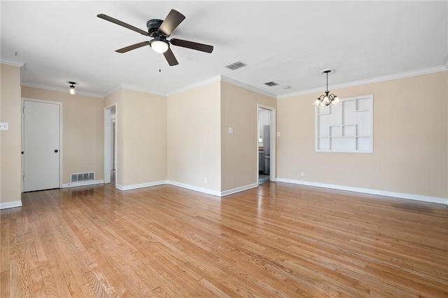 909 Cunningham St, Corpus Christi, TX 78411 - unfurnished living room featuring a chandelier, baseboards, ornamental molding, light wood finished floors, and a ceiling fan