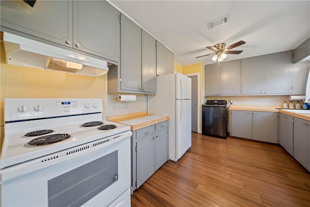 kitchen featuring white appliances, gray cabinets, under cabinet range hood, washer / clothes dryer, and ceiling fan