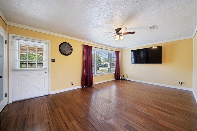 unfurnished living room with ornamental molding, a textured ceiling, visible vents, ceiling fan, and wood finished floors